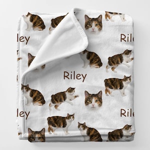 May include: White blanket featuring a repeating pattern of brown, white, and orange tabby cats in various poses. The name "Riley" is printed in brown on the blanket.