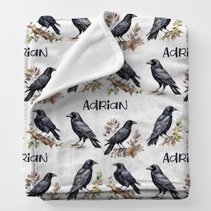 CROWS Gift Blanket, Custom Name Blanket Gift For Mom, Birding Gift For Bestie Birthday, Black Crow Art Minky Name Blanket Babyshower Gift