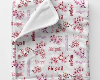 Cute Cherry Blossom Gift, Personalized Swaddle Newborn Name Blanket, Boho Flower Nursery Pink Floral Blanket, Trendy Baby Girl Cozy Plush