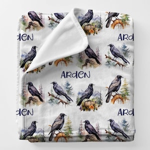 CROWS Gift Blanket, Custom Name Blanket Gift For Aunty, Birding Gift For Bestfriend Birthday, Crow Art Minky Name Blanket Babyshower Gift