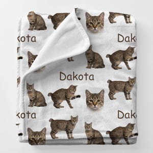May include: White blanket featuring a repeating pattern of brown tabby cats in various poses. The word "Dakota" is printed in brown on the blanket. The blanket is made of a soft material.