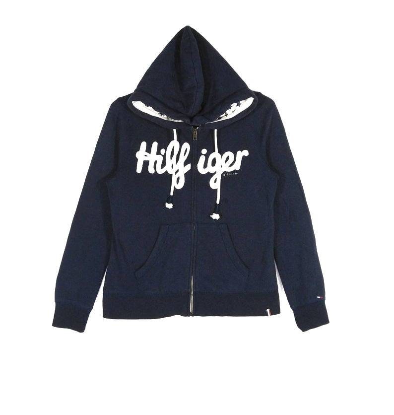 May include: A navy blue zip-up hoodie with a white "Hilfiger Denim" logo on the front.
