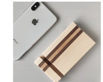 Wooden cell phone stand / holder / dock for iPhone and other smartphone made with solid maple wood, duo slots, modern design