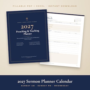 May include: A 2027 Preaching & Teaching Planner with a dark blue cover featuring gold text and a cross icon. The planner includes a fillable PDF and Excel format for Sunday morning, Sunday evening, and Wednesday sermon and lesson planning.