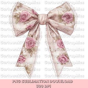 May include: A pink satin bow with a floral pattern and lace trim. The bow is tied in a knot and has a delicate, feminine look.