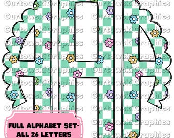 Floral Mint Checkered Monogram,Preppy Monogram Digital Download,Scalloped Initials,Floral Scallop, Full Alphabet Monogram, Spring Alphabet