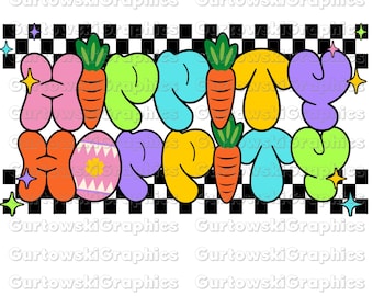 May include: Happy Hoppy Easter graphic with a checkered background. The letters are in a bubble font and are in various colors, including pink, blue, yellow, green, and orange. There are carrots and an Easter egg with a floral design.