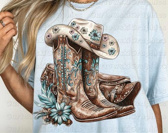 Turquoise Cowgirl Boots PNG,Western Floral Design,Rodeo Cowgirl Graphic,Cowgirl Life Clipart,Rustic Western Boho PNG,Turquoise Western