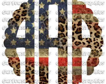 May include: A monogram design featuring the letters "A" and "H" in a distressed American flag pattern with a leopard print overlay. The letters are outlined in white and have a scalloped edge.