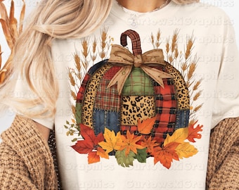 Patchwork Pumpkin png Fall Sublimation Design Leopard Plaid Pumpkin png Autumn Coquette Pumpkin png Thanksgiving Shirt Design Farmhouse Fall