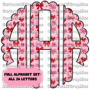 Pink Coquette Bow Valentine Monogram,Valentine Scallop Monogram,Full Alphabet Monogram,Pink bow Alphabet,Doodle Monogram Digital Download
