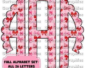 Rosa kokett rosett Alla hjärtans dag monogram, Alla hjärtans dag pilgrimsmussla monogram, fullständigt alfabet monogram, rosa rosett alfabet, klotter monogram digital nedladdning