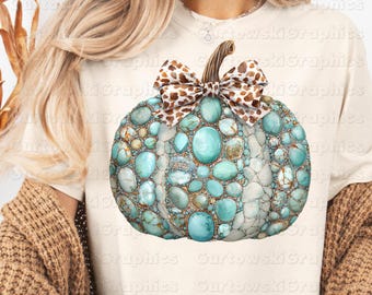 Turquoise Gemstone Pumpkin PNG Sublimation Design Cow Print Bow Western Fall Digital Download Rustic Western Fall Shirt Design