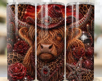 Diseño PNG de vaso con estampado de vaca de las Tierras Altas del Oeste, vaso delgado de 20 oz con sombrero de vaquero con diamantes de imitación, descarga digital de vaso estilo western con estampado de leopardo