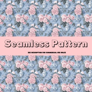 May include: A seamless pattern featuring pink roses and hydrangeas in blue and white vases on a light blue background. The text "Seamless Pattern" is displayed in black letters on a pink banner.