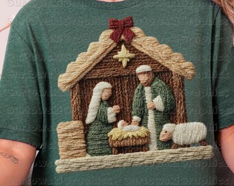 Faux Yarn Nativity Scene Christmas PNG Sublimation Digital Crochet Faux Crochet Jesus Nativity Holiday Shirt Png Winter Shirt Download