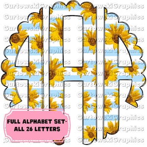 Puede incluir: Un monograma decorativo con las letras "AHW" y un patrón de girasoles y rayas azules. El diseño incluye un borde festoneado y el texto "FULL ALPHABET SET - ALL 26 LETTERS" en una pancarta rosa.