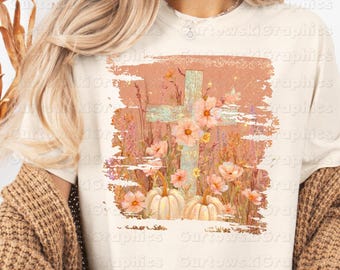 Rustic Cross with Pumpkins PNG Christian Fall PNG Faith Floral Sublimation png Autumn Cross PNG Thanksgiving Worship png Farmhouse png