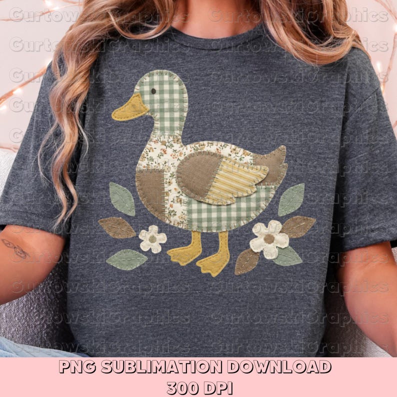 May include: Dark gray t-shirt featuring a patchwork duck design. The duck has a checkered head, floral body, and striped wings. The design includes leaves and flowers. Text at the bottom reads "PNG SUBLIMATION DOWNLOAD 300 DPI".