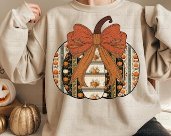 Patchwork Pumpkin PNG,Fall Pumpkin with Bow png,Autumn Sublimation PNG,Farmhouse Patchwork Pumpkin png, Boho Fall Shirt PNG,Coquette Fall