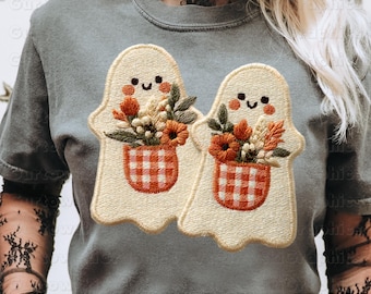 Plädliknande broderi spöke png, blommigt spöke png, höstspöke png, höst png, höstflickigt png, Cottagecore höst, falsk applikation Halloween png