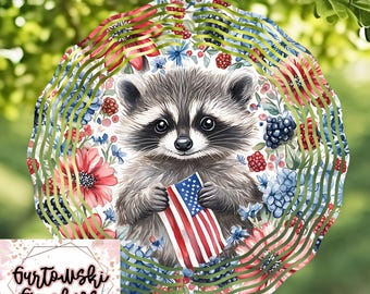 Patriottische wasbeer wind spinner sublimatie ontwerp, wasbeer bloemen PNG digitale download, ontwerp wasbeer, afbeelding wind spinner, decor kunst voor thuis