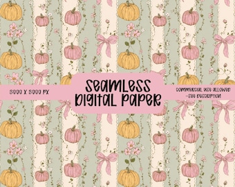 Soft Vintage Coquette Fall Pumpkins seamless,Pumpkin seamless pattern,Vintage digital paper,Girly Fall Coquette design,Repeat Pattern