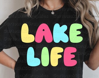 Vida en el lago PNG, Letras de burbujas brillantes, Verano neón PNG, Diseño de camiseta de lago de moda, Sublimación PNG, Vida en el lago retro PNG, Lago, Piscina, Río PNG