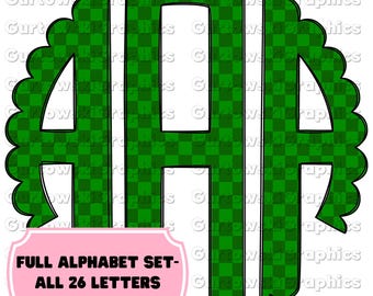 St. Patrick Checkered Board Monogram,Checkered Scallop,Full Alphabet Monogram,Green Checkered Alphabet,Doodle Monogram Digital Download
