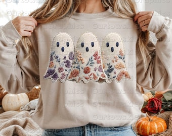 Blommigt fuskbroderi spöke png, blommigt spöke png, höstspöke png, höst png, höstflickigt png, höstsublimering, fuskkorsstygn Halloween