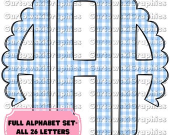 Pastel Blue Gingham Monogram,Gingham Scallop,Full Alphabet Monogram, Blue Gingham Alphabet,Doodle Monogram Digital Download