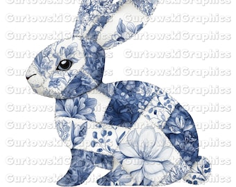 Easter Bunny Patchwork Floral Chinoiserie Png, Faux Embroidery Easter, Blue Floral Toile Easter Bunny png,Blue Grand Millennial Easter Png