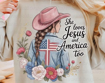 Elle aime Jésus et américain aussi PNG, motif floral western cheval, graphique de rodéo, clipart vie de cow-girl, Boho occidental rustique PNG, cow-girl chrétien