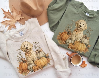 Goldendoodle Dog Fall Pumpkins PNG Sublimation Digital Download Fall Pumpkins Coquette Autumn Puppy Dog Lover Halloween Thanksgiving png