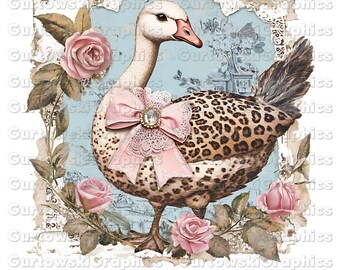 Ganso floral rosa png, Amante del ganso png, Rosa Grand Millennial, Chinoiserie floral rosa, Ganso Coquette, Ganso Cottagecore, Álbum de recortes vintage png