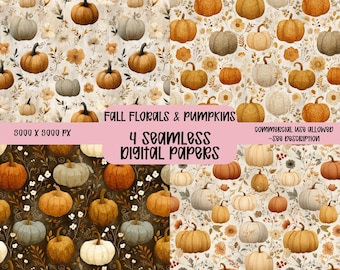 Fall Florals and Pumpkins seamless,Pumpkin seamless pattern,Halloween digital paper,Retro Fall & Halloween Fabric design,Repeat Pattern