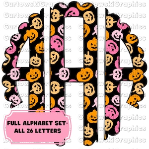 May include: A Halloween-themed monogram design featuring the letters "AHA" in a black font, filled with orange and pink jack-o'-lanterns. The letters are outlined with a scalloped edge. A pink banner at the bottom reads "FULL ALPHABET SET - ALL 26 LETTERS."