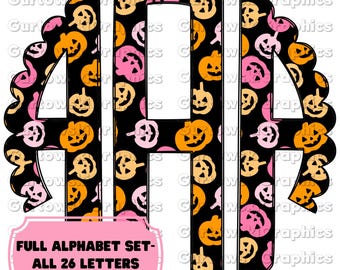 Preppy Neon Pumpkins Monogram,Preppy Monogram Digital Download,Scalloped Initials, Pumpkin Initials,Full Alphabet Monogram,Fall Monogram
