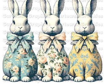 Trio Floral Toile Easter Bunny png, Easter Design, Grand Millennial Easter Png, Floral Chinoiserie Bunny Png, Easter Coquette