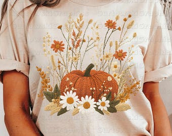 Fall Pumpkin Floral PNG Sublimation Design Faux Embroidery Fall Design Rustic Autumn Pumpkin Wildflower Leaves Fall Flower Pumpkin Boho Fall