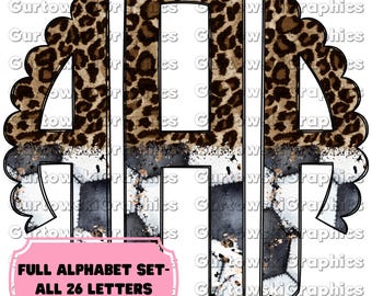 May include: A set of 26 alphabet letters in a monogram style. The letters are in a leopard print pattern with a white and gray soccer ball pattern underneath. The letters are outlined in black. The text "FULL ALPHABET SET - ALL 26 LETTERS" is at the bottom of the image.