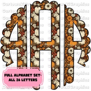 Op de afbeelding: Een decoratief monogramontwerp met de letters "HAW" in een herfstthema. De letters zijn gevuld met pompoenen, bloemen en bladeren in tinten oranje, crème en bruin. Het ontwerp heeft een geschulpte rand en bevat de tekst "FULL ALPHABET SET - ALL 26 LETTERS".