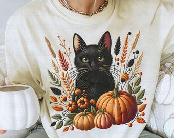 Black Cat Pumpkin Sublimation Design Faux Embroidery Fall Pumpkins Digital Design Spooky Halloween Autumn Black Cat PNG Fall Gothic Cat