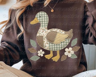 Faux Stickerei Ente PNG, Garn genähte Ente Sublimationsdesign, Vintage Ente Gingham DTF, Quilt Ente PNG Boho Shirt Design