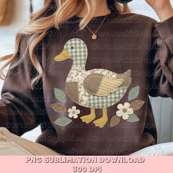 Faux Embroidery Duck PNG, Yarn Stitched Duck Sublimation Design, Vintage Duck Gingham DTF, Quilt Duck PNG Boho Shirt Design
