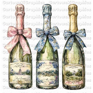 Watercolor Champagne Bottles with Coquette Bows | Social Club Watercolor Design | Preppy Design | Sublimation Design | Grandmillennial PNG