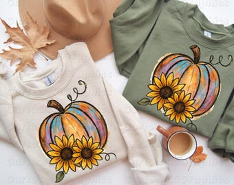 Watercolor Rainbow Pumpkin with Sunflowers png Colorful Fall Pumpkin PNG Boho Autumn PNG Farmhouse Harvest Shirt PNG acrylic brushstrokes