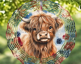 Patriottische hooglandkoe wind spinner sublimatie ontwerp, Highland Cow bloemen PNG digitale download, koe ontwerp, afbeelding wind spinner, decor kunst voor thuis