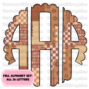 May include: A set of alphabet letters in a patchwork style with brown, beige, and white colours. The letters are outlined in black and have a scalloped edge. The text "FULL ALPHABET SET - ALL 26 LETTERS" is at the bottom of the image.