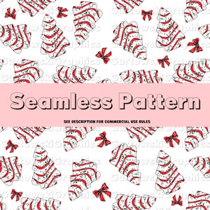 May include: Seamless pattern featuring Christmas tree and bow illustrations in red, white, and green on a white background. The text "Seamless Pattern" is displayed in a pink banner.
